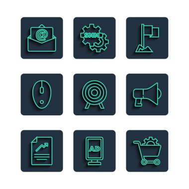 Grafik şeması, reklamcılık, alışveriş arabası, konum belirleyicisi, hedef spor, bilgisayar faresi, e-posta ve Megaphone simgesi ile satır belgesini ayarla. Vektör