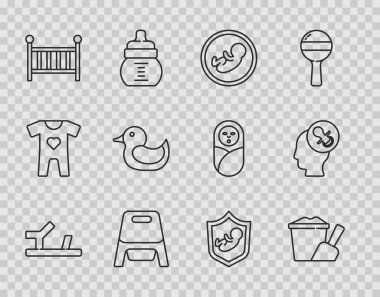 Çizgiyi ayarla Bebek ayakkabıları, kovadaki kum, kürek, lazımlık, beşik, plastik ördek, kalkan ve sahte emzik ikonu. Vektör