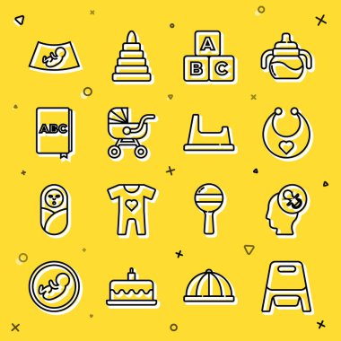 Çizgi bebek tuvaleti, sahte emzik, önlük, ABC bloklar, bebek arabası, kitap, bebek ve ikonun ultrasonu. Vektör