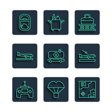 Hat uzaktan kumandası, kutulu paraşüt, dünya seyahati haritası, bavullu taşıma bandı, yakıt tankeri, uçak, uçak penceresi ve iniş ikonu. Vektör