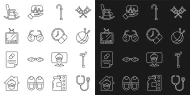 Stetoskop, baston, örgü iğneleri, gözlük, Retro TV, Sallanan sandalye ve İlaç hapı veya tablet ikonlu iplik topu. Vektör