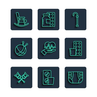 Koltuk değnekleri, koltuk değnekleri, su toplayan haplar, yetişkin bezi, baston baston, kalp atışı, örgü iğneli iplik topu, sallanan sandalye ve ikon. Vektör