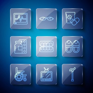 Tekerlekli sandalye, Retro TV, baston baston, ilaç hapı ya da tablet, sahte çene, haplar, su toplayıcı, kardiyogramlı monitör ve terlik ikonu. Vektör