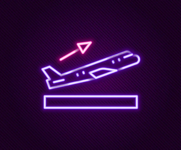 Glowing Neon Line Plane Takeoff Icon Isolated Black Background Airplane — Stock Vector