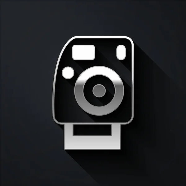 Zilveren Fotocamera Icoon Geïsoleerd Zwarte Achtergrond Foto Camera Digitale Fotografie — Stockvector