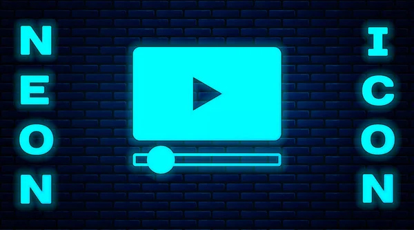 Parlayan Neon Çevrimiçi Video Oynatma Simgesi Tuğla Duvar Arka Planında — Stok Vektör