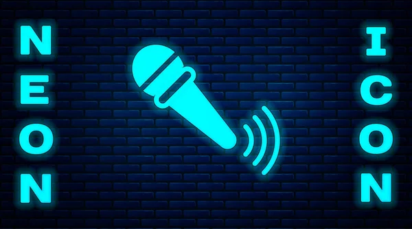 Светящийся Неоновый Значок Беспроводного Микрофона Изолирован Фоне Кирпичной Стены Радиомикрофоне — стоковый вектор