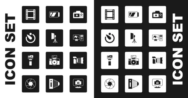采购产品设置摄影相机 软盒灯 相机定时器 和动作图标 — 图库矢量图片