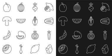Patates, havuç, lahana, pancar, karpuz, mantar, erik meyvesi ve mısır ikonu. Vektör