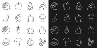 Domates, erik meyvesi, mantar, avokado, patates, patlıcan, limon ve çan biberi ikonu. Vektör