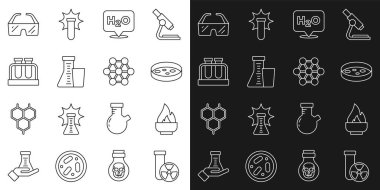 Hat testi tüpü radyasyonu, alkol veya ruh yakıcı, bakterili Petri kabı, H2O için kimyasal formül, ve matara, güvenlik gözlüğü ve molekül ikonu. Vektör