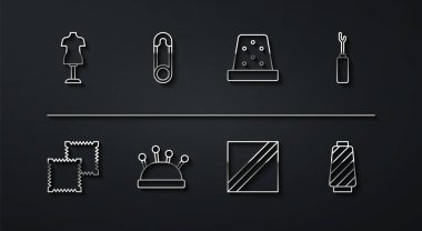 Çizgi manken, tekstil kumaş rulosu, Awl aracı, iğne ve iğne, güvenlik iğnesi, dikiş ikonu dikmek için dikiş ipliği ve yüksük. Vektör