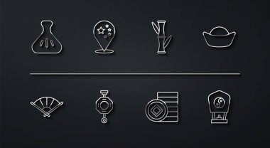 Hamur köftesi, Çin ya da Japon katlama fanı, Suşi, Yuan para birimi, kağıt fener, Çin bayrağı ve Bambu ikonu. Vektör