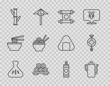 Hamur köftesi, Çin çay töreni kağıt, parşömen, parşömen, parşömen, suşi kesme tahtası, bambu, Asya erişte kasesi, havai fişek ve fener ikonu. Vektör