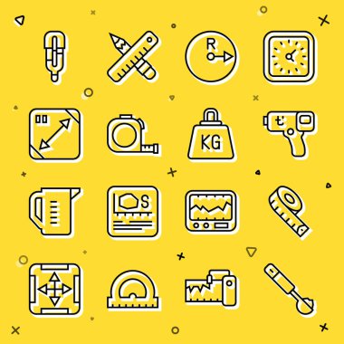 Çizgi ölçme kaşığı, şerit, dijital termometre, yarıçap, rulet, çapraz ölçüm, medikal ve ağırlık ikonu. Vektör