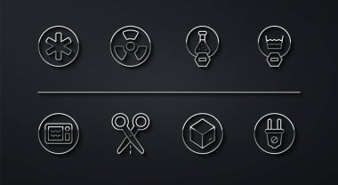 Acil durum, mikrodalga fırın, hassas yıkama, karton karton kutu, kesik çizgili makas, radyoaktif, elektrik prizi, test tüpü ve matara simgesi. Vektör