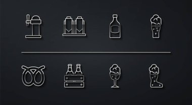 Dispenser birası, Pretzel, bir bardak, paket şişeleri, bira demleme süreci, çaylak camı ve ikon. Vektör