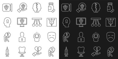 Kalp, Tiyatro maskesi, Rorschach testi, Bipolar bozukluk, Psikolog, Soruna Çözüm, Psikoloji, Psi ve Sarkaç ikonu. Vektör