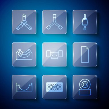 Kaykay parkı, kaykay tekerleği, tornavida, Y-aracı ve kaykay ikonunda şerit ayarla. Vektör