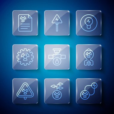 Radyasyon, radyoaktif, değişim enerjisi, ampul fikri, endüstriyel boru ve valf, radyasyon uyarı belgesi ve nükleer bomba ikonu ile hat üçgeni oluşturun. Vektör