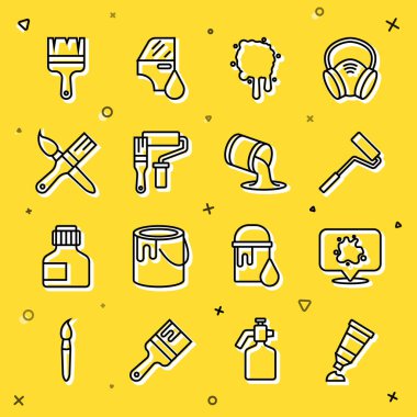 Boya paleti, boya spreyi, paten fırçası ve kova ikonu ile boru hattını ayarlayın. Vektör