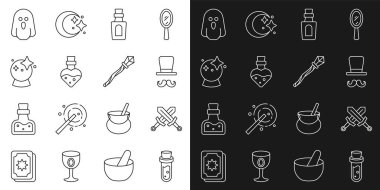 Şişe iksiri, çapraz ortaçağ kılıcı, sihirbaz, top, hayalet ve asa ikonu. Vektör