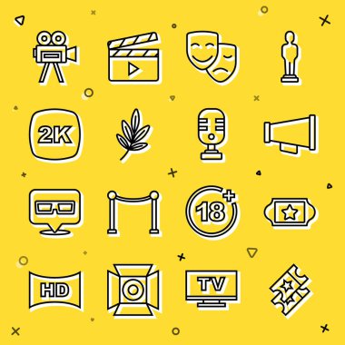 Set bileti, megafon, komedi ve trajedi maskeleri, film ödülü, 2k Ultra HD, Retro sinema kamerası ve mikrofon ikonu. Vektör