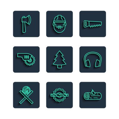 Sıraya dizilmiş tahta kütükler, elektrikli testere, el, Noel ağacı, balta ve kulaklık simgesi. Vektör