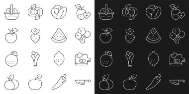 Sıralı Bıçak, sebzeli kesme tahtası, Brokoli, Lahana, Şalgam, Şeftali meyvesi veya nektarin, Sepet ve yemek ve karpuz ikonu. Vektör