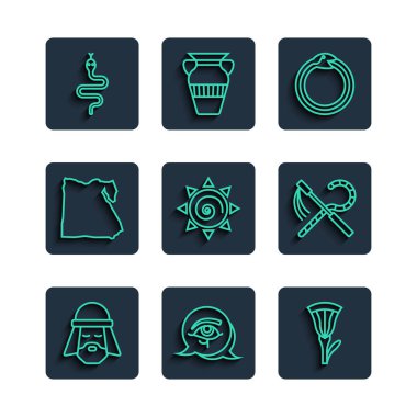 Mısırlı adam, Horus 'un Gözü, Lotus' un Gözü, Sihirli Sembol Ouroboros, Güneş, Harita, Yılan ve Hırsız ve Yelken Simgesi. Vektör