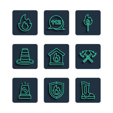Flasher sireni, yangın koruma kalkanı, botlar, yanan kibrit, yanan ev, trafik konisi, alev makinesi ve itfaiyeci balta ikonu. Vektör