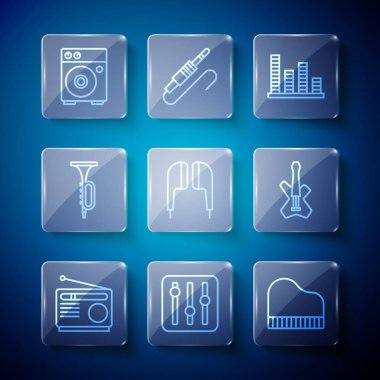 Radyo, Ses Karıştırıcı, Büyük Piyano, Müzik Dengeleyici, Hava Kulaklıkları, Trompet, Gitar Amplifikatörü ve Elektronik Bas gitar ikonu. Vektör