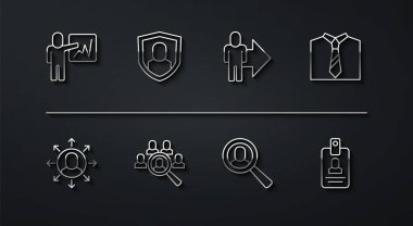 Yöneticilerden oluşan bir ekibin çizgi lideri, çok görevli yönetici, kravat, arama işi için büyüteç, kullanıcı koruması, kimlik kartı ve simge. Vektör