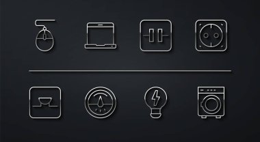 Hat faresi, elektronik devrede vızıltı, elektrik prizi, yaratıcı lamba ışığı fikri, metre, dizüstü bilgisayar, çamaşır makinesi ve elektrolitik kondansatör simgesi. Vektör