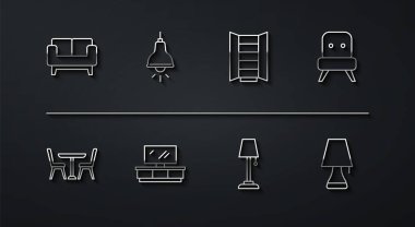 Koltuğu, koltuğu, koltuğu, koltuğu, lambası, televizyon masası sehpası, asılı lambası ve giysi ikonu olan bir masa. Vektör