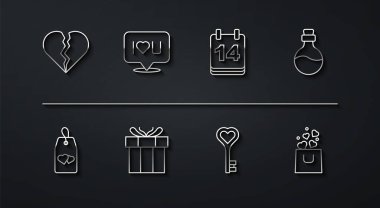 Kırık kalp ya da boşanma, Lütfen rahatsız etmeyin, şişe aşk iksiri, anahtar formda, hediye kutusu, konuşma balonu mesajı I, alışveriş çantası ve takvim 14 Şubat simgesi. Vektör