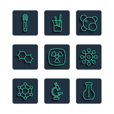 Molekül, mikroskop, test tüpü, radyoaktif, kimyasal formül ve virüs simgesini ayarla. Vektör