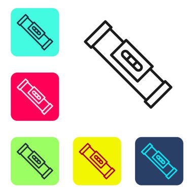 Siyah çizgi inşaat balon seviyesi simgesi beyaz arkaplanda izole edildi. Supaslar, ölçüm aletleri, ölçüm aletleri. Renkli kare düğmelerle simgeleri ayarla. Vektör.