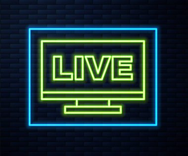 Glowing neon line Live streaming online videogame play icon isolated on brick wall background.  Vector