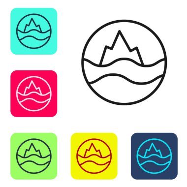 Siyah çizgi Denizi ve beyaz arkaplanda izole edilmiş dalga ikonu. Renkli kare düğmelerle simgeleri ayarla. Vektör