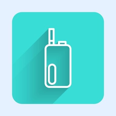 Beyaz çizgi Elektronik sigara ikonu uzun gölge arkaplan izole. Tüttürme aleti. Buharlaştırıcı Cihaz. Yeşil kare düğmesi. Vektör