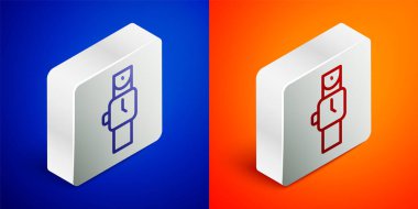 Isometric line Wrist watch icon isolated on blue and orange background. Wristwatch icon. Silver square button. Vector