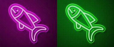 Parlayan neon hattı. Mor ve yeşil arkaplandaki balık simgesi. Vektör