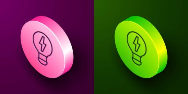 Isometric line Creative lamp light idea icon isolated on purple and green background. Concept ideas inspiration, invention, effective thinking, knowledge and education. Circle button. Vector