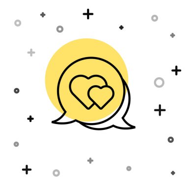 Konuşma baloncuğu simgesindeki siyah çizgi Kalbi beyaz arkaplanda izole edildi. Sevgililer günün kutlu olsun. Rastgele dinamik şekiller. Vektör