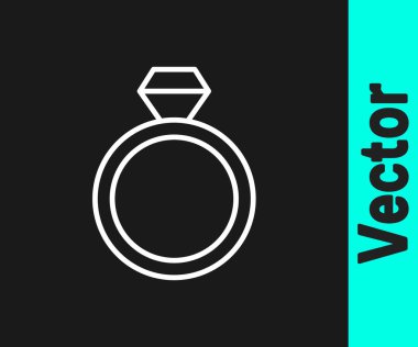 Beyaz çizgili alyans simgesi siyah arkaplanda izole edilmiş. Gelin ve damat mücevher tabelası. Evlilik sembolü. Elmas yüzük. Vektör