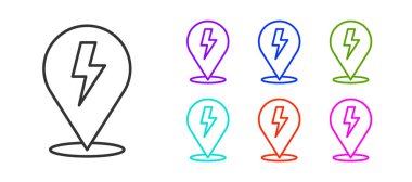 Siyah çizgi Şimşek simgesi beyaz arkaplanda izole edildi. Flaş işareti. Flaş ikonunu yükle. Gök gürültüsü. Yıldırım çarpması. Simgeleri renklendirin. Vektör