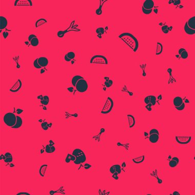 Sağlıklı meyve, soğan, mango ve karpuzu dikişsiz desene ayarlayın. Vektör