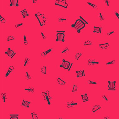 Elektro bas gitar, tef, mikrofon ve Antik Yunan lirini kusursuz desenlere ayarlayın. Vektör