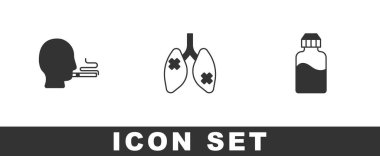 Set Man sigara içiyor, hastalıklı ciğerler ve Vape sıvı şişe ikonu. Vektör